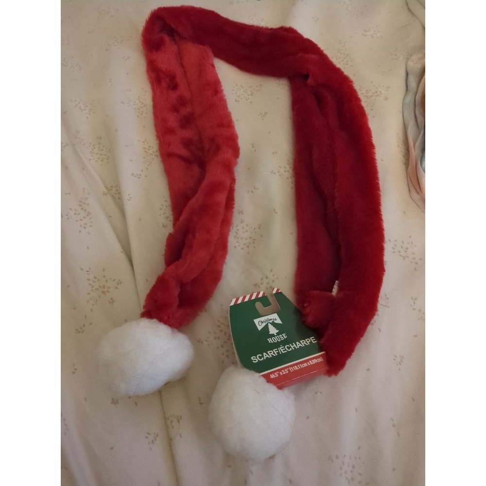 Christmas Plush Scarf with Jingle Bells Pom Poms Red White 46.5" Long Santa